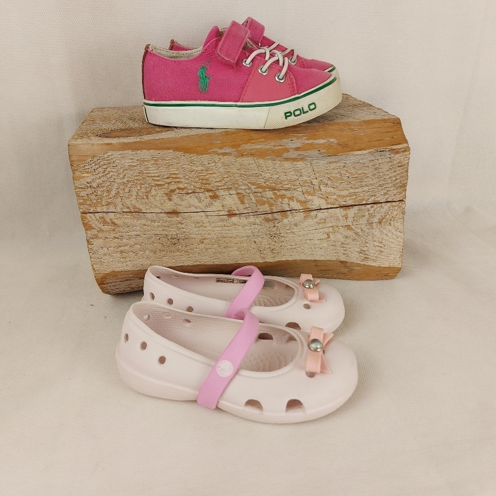 Crocs And 𝅺Polo Girl Pink Shoes canvas sneakers size 7 + 6.5